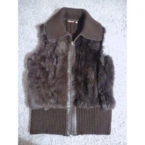 Renee Raquel XL Sweater Vest Rabbit Fur Outer Shell Trim Dark Brown